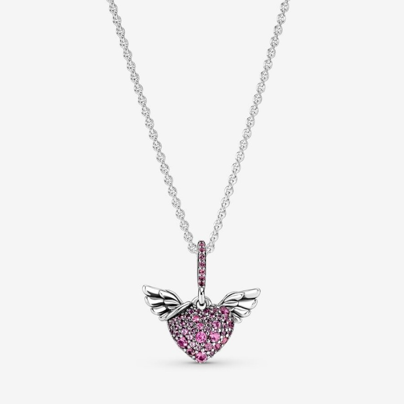 Sterling Silver Pandora Pavé Heart & Angel Wings Pendant Necklaces | 4581362-LV