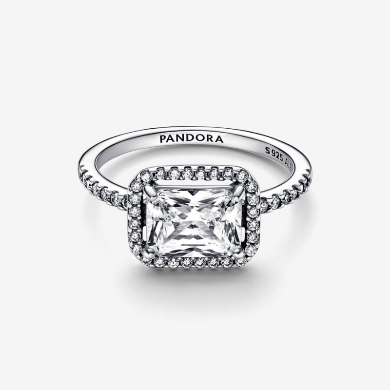 Sterling Silver Pandora Rectangular Sparkling Halo Statement Rings | 3458297-GI