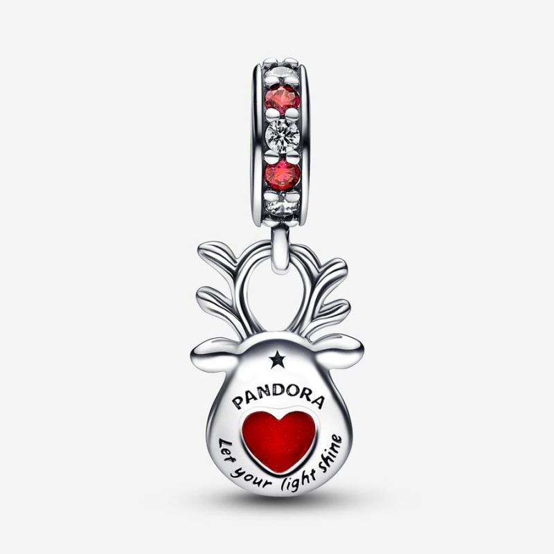 Sterling Silver Pandora Red Nose Reindeer Murano Dangle Dangle Charms | 3974601-SG