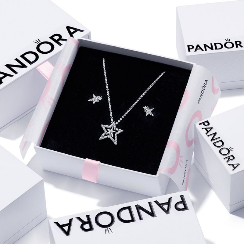 Sterling Silver Pandora Sparkling Asymetric Star Jewelry Gift Set Pendant Necklaces | 4268703-MQ