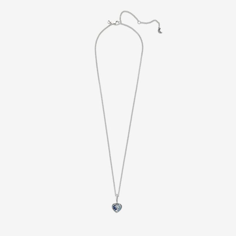 Sterling Silver Pandora Sparkling Blue Moon & Stars Heart Pendant Necklaces | 9824716-LR