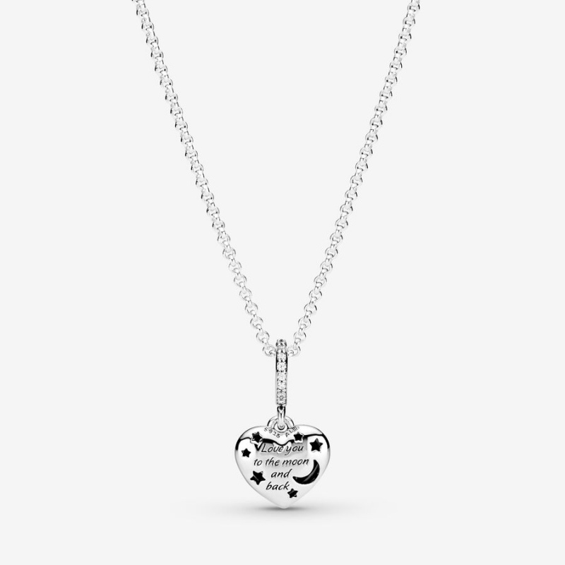 Sterling Silver Pandora Sparkling Blue Moon & Stars Heart Pendant Necklaces | 9824716-LR