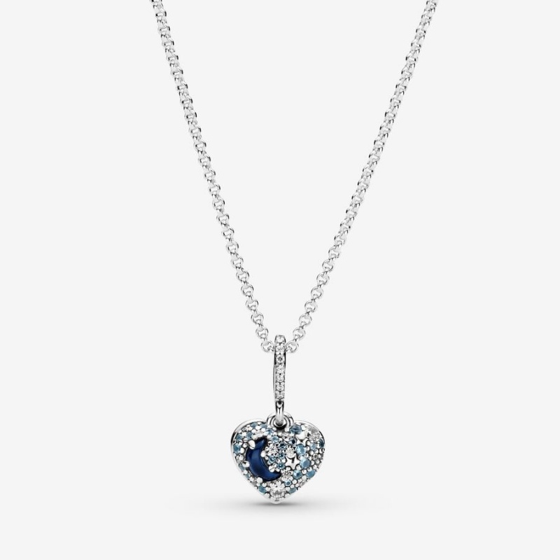 Sterling Silver Pandora Sparkling Blue Moon & Stars Heart Pendant Necklaces | 9824716-LR