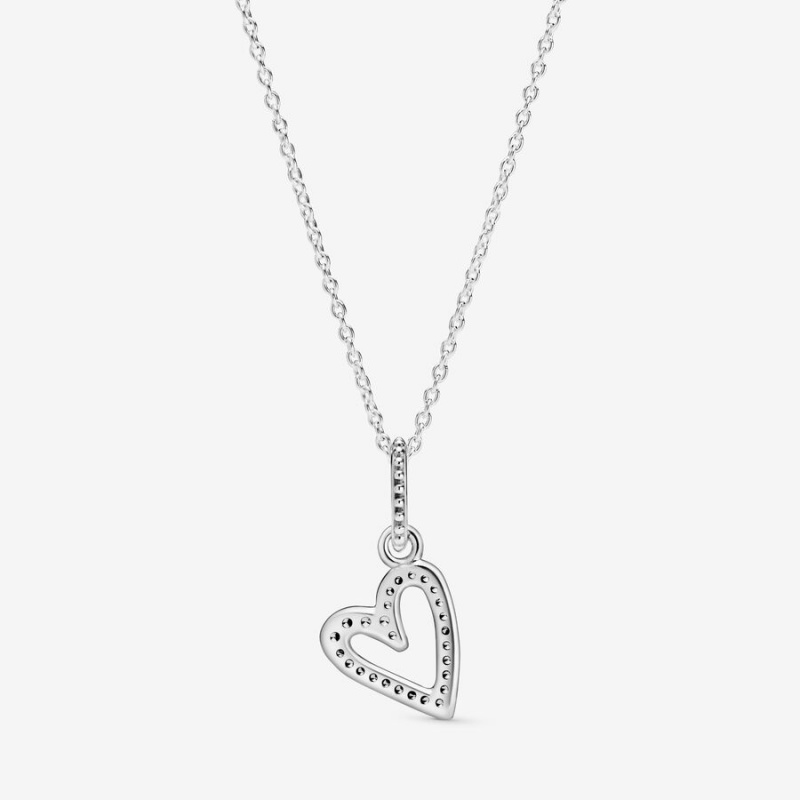 Sterling Silver Pandora Sparkling Freehand Heart Pendant Necklaces | 7490163-DP