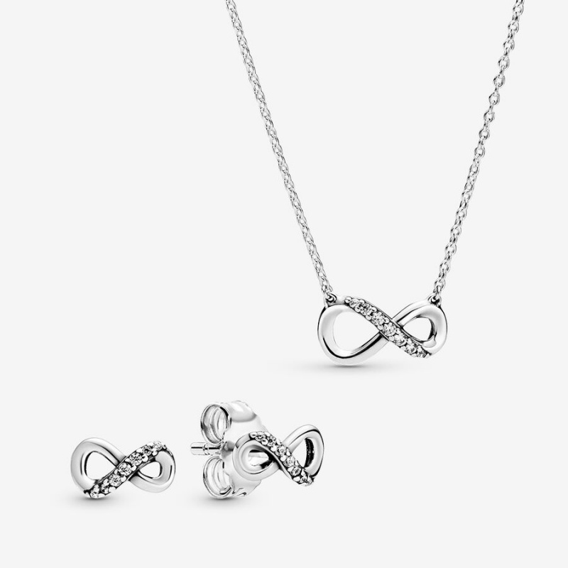 Sterling Silver Pandora Sparkling Round Halo Jewelry Gift Set Necklace & Earring Sets | 2948653-CO