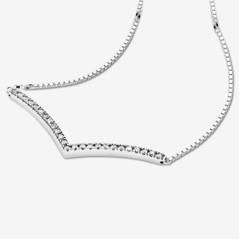 Sterling Silver Pandora Sparkling Wishbone Pendant Necklaces | 1079264-CX