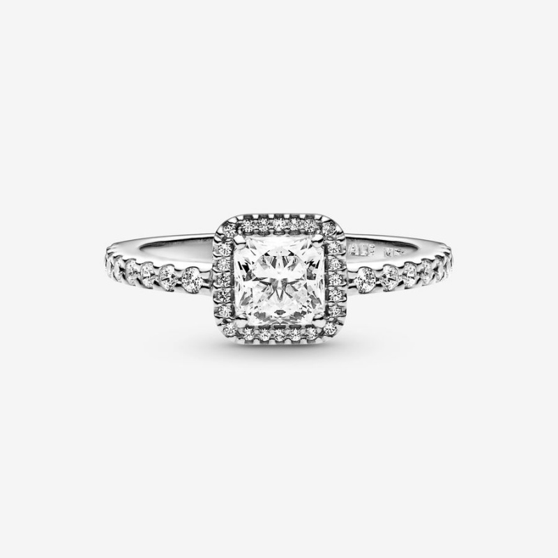 Sterling Silver Pandora Square Sparkle Halo Halo & Solitaire Rings | 7953416-YJ