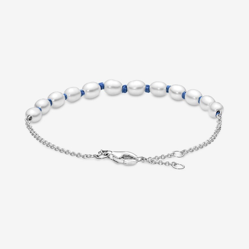 Sterling Silver Pandora Treated Freshwater Cultured Pearl Blue Cord Non-charm Bracelets | 7934508-EA