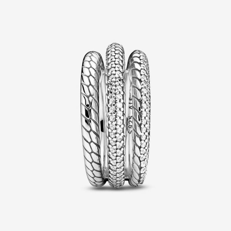 Sterling Silver Pandora Triple Band Pavé Snake Chain Pattern Statement Rings | 1543207-MR