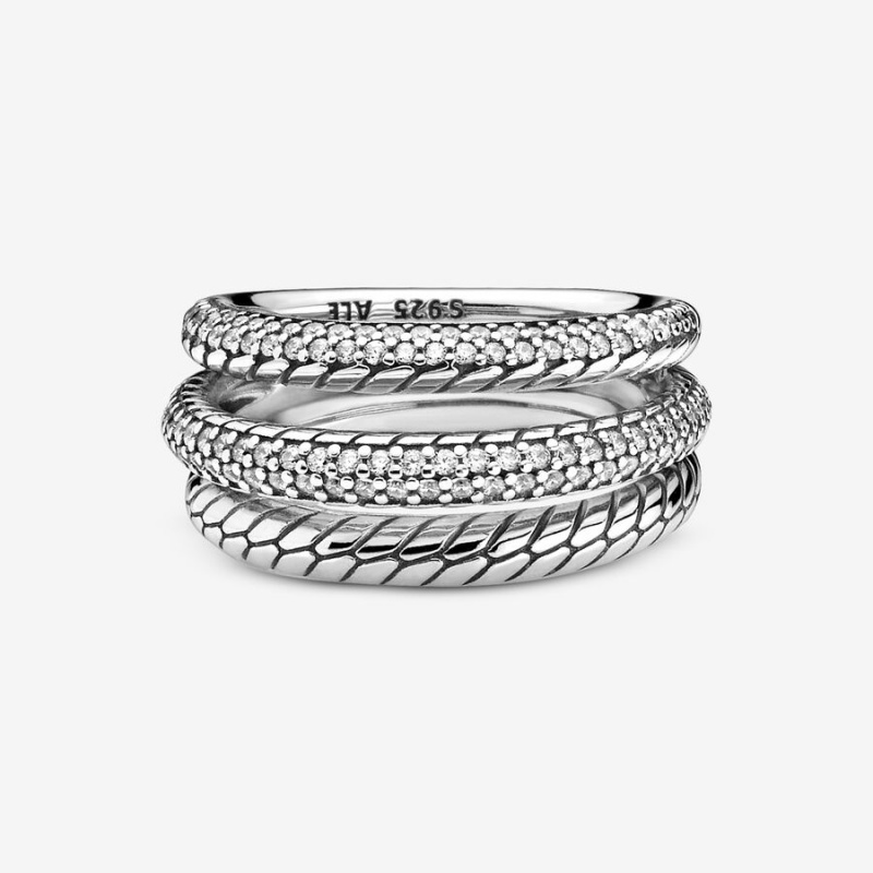 Sterling Silver Pandora Triple Band Pavé Snake Chain Pattern Statement Rings | 1543207-MR