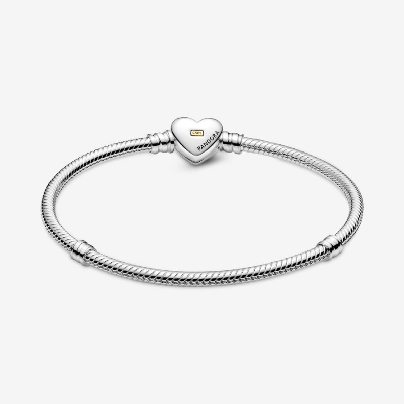 Two-tone Pandora Domed Golden Heart Clasp Snake Charm Bracelets | 4896105-AO