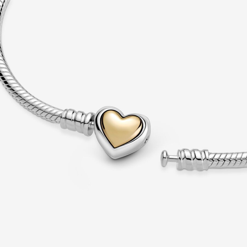 Two-tone Pandora Domed Golden Heart Clasp Snake Charm Bracelets | 4896105-AO