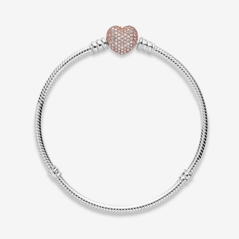 Two-tone Pandora Moments Pavé Heart Clasp Snake Chain Bracelets | 0256814-IL