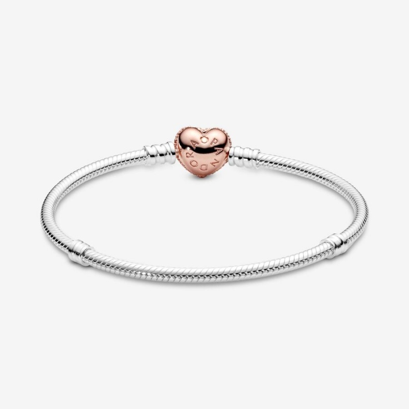 Two-tone Pandora Moments Pavé Heart Clasp Snake Chain Bracelets | 0256814-IL