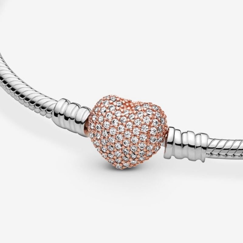 Two-tone Pandora Moments Pavé Heart Clasp Snake Chain Bracelets | 0256814-IL