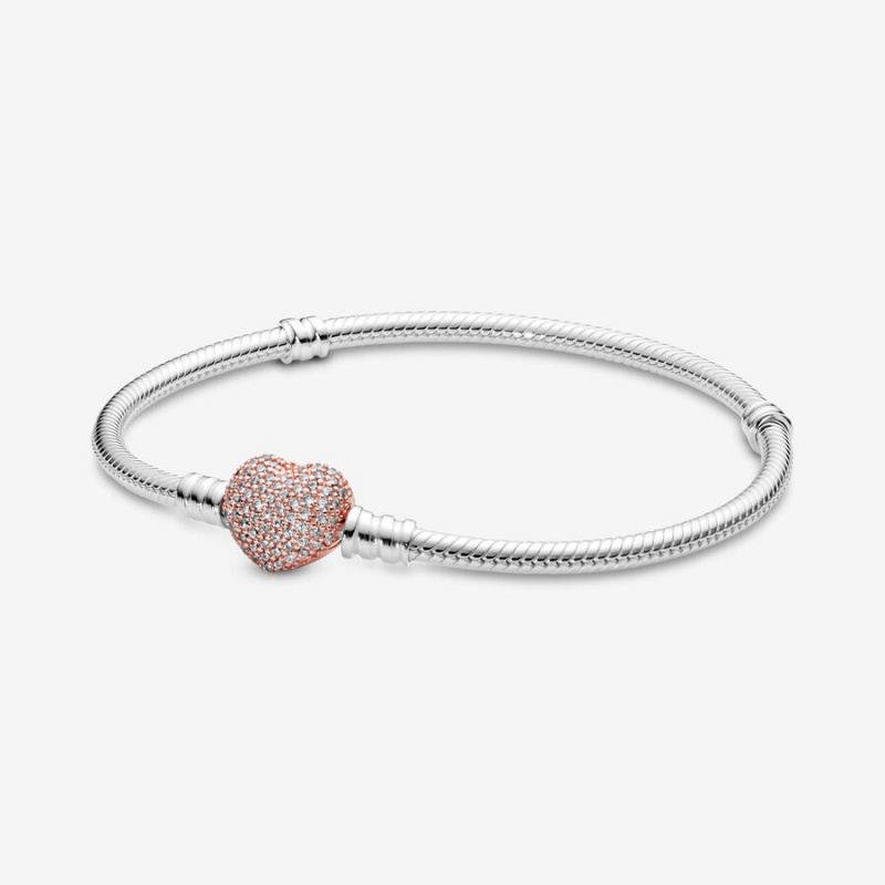 Two-tone Pandora Moments Pavé Heart Clasp Snake Chain Bracelets | 0256814-IL